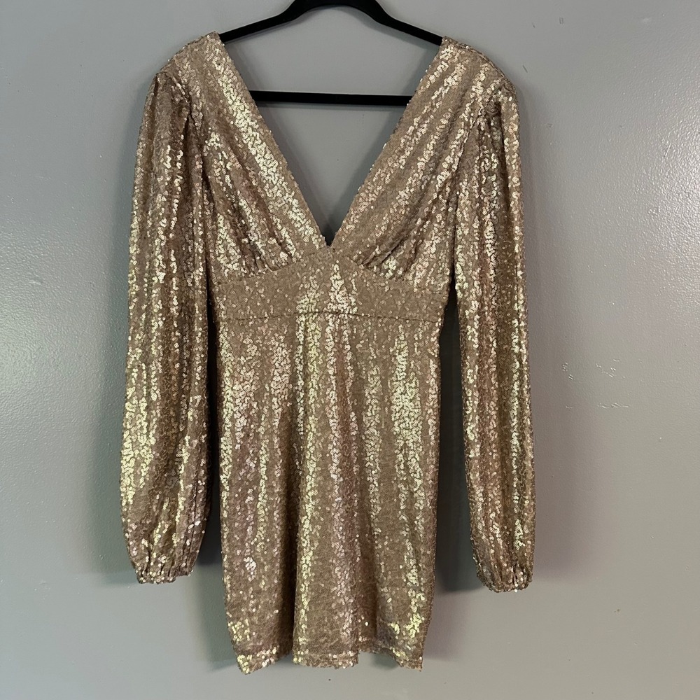 Altar'd State Gold Sequin Deep V-Neck ‎ Low Back Mini Dress XS NWT